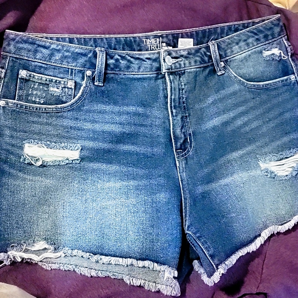 Time And Tru 18 high rise frayed denim shorts